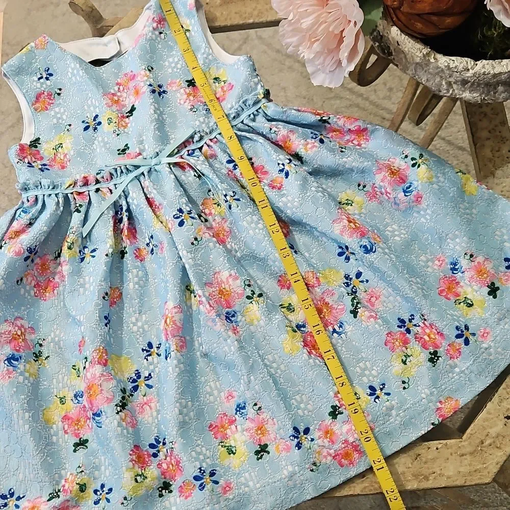 Blueberi Boulevard Blue Floral Lace Dress - Ribbon Bow - Size 3T - Back Cutout